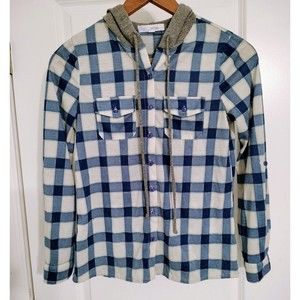 Blue Flannel Hooded Button Down Long Sleeve Shirt